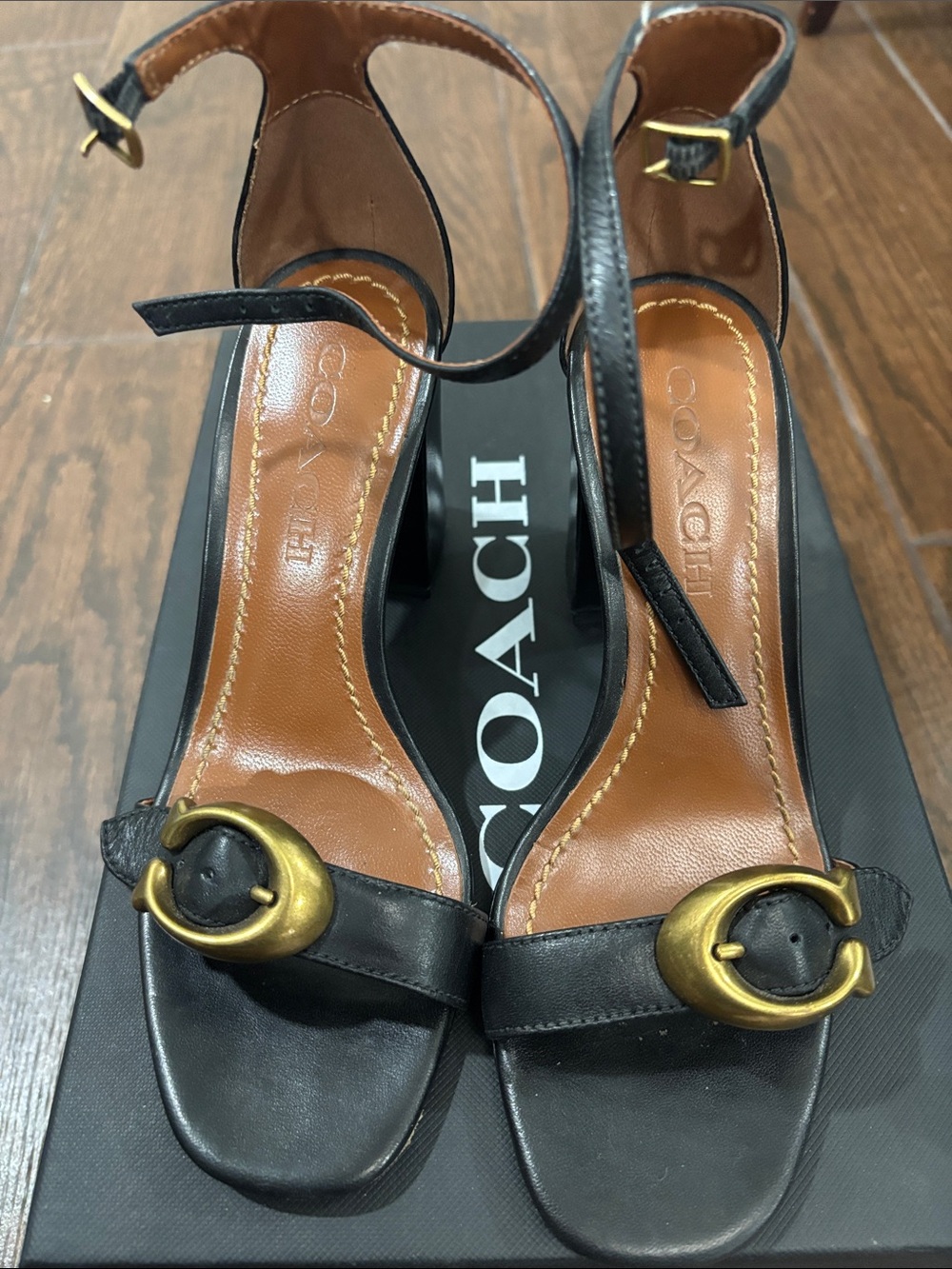 Coach Black Leather Open-Toe Heels with Gold Buckle size 5.5 B